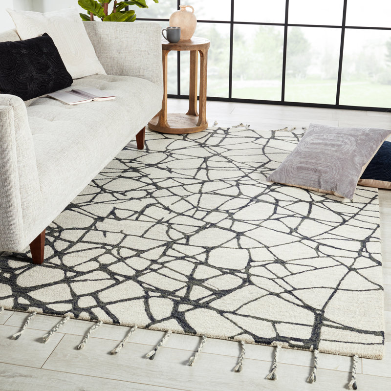 Ivory Abstract Tufted Wool 9' x 12' Handmade Area Rug