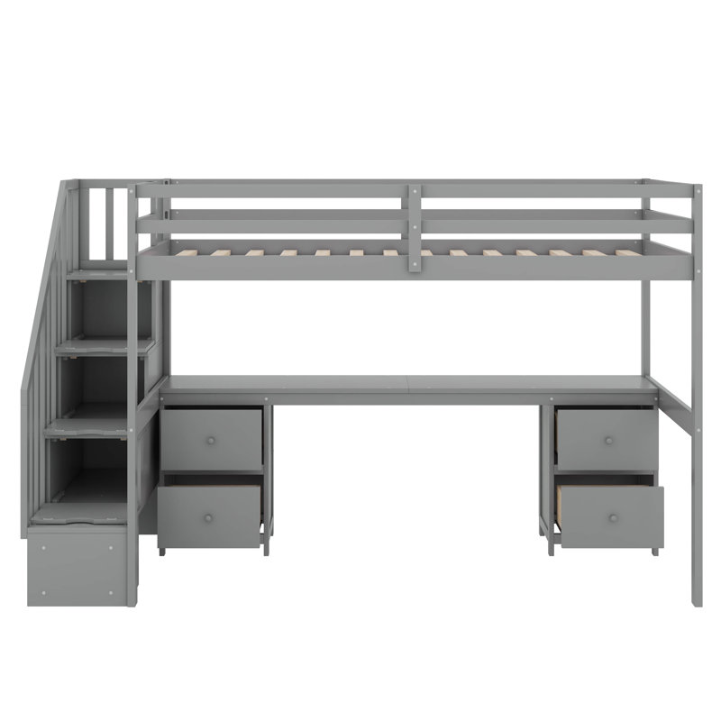 Twin Size Loft Bed With Built-In Desk And Drawer, Gray