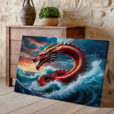 Toile, "Un majestueux dragon rouge s'enroule à travers les vagues de l'océan tourbillonnant"