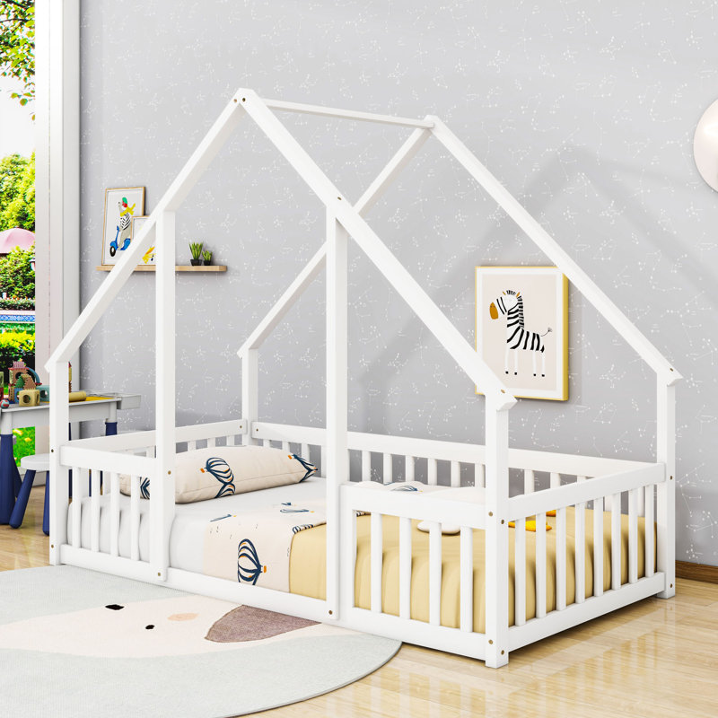 Wood Floor Bed With Safety Guardrails, House-Shaped Design, Twin, White