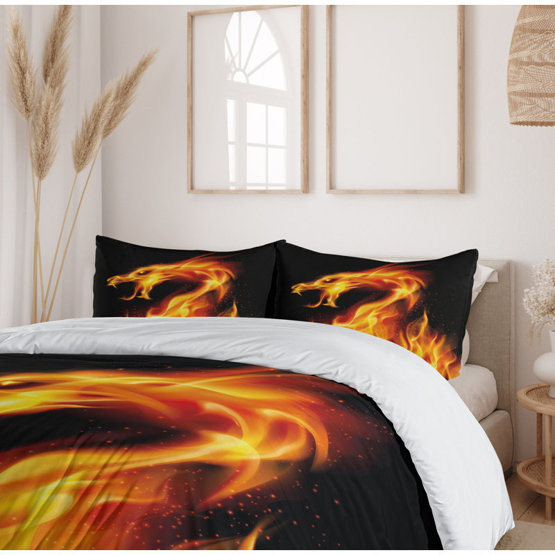 Fiery Dragon Black and Orange Microfiber Queen Duvet Set