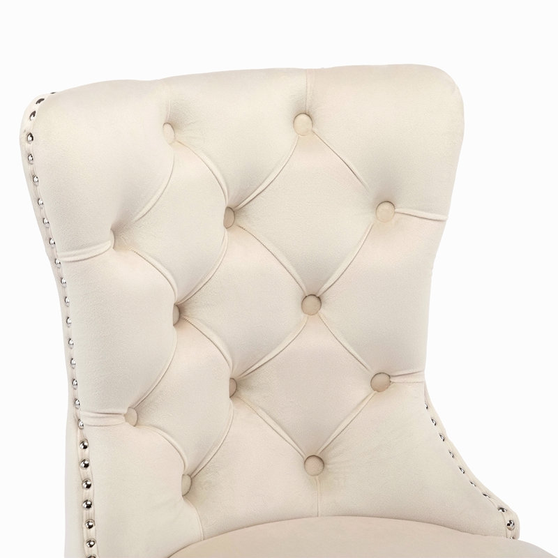 Ensemble de 2 chaises de salle à manger rembourrées en velours avec poignée à oreilles cloutées haut de gamme, Beige