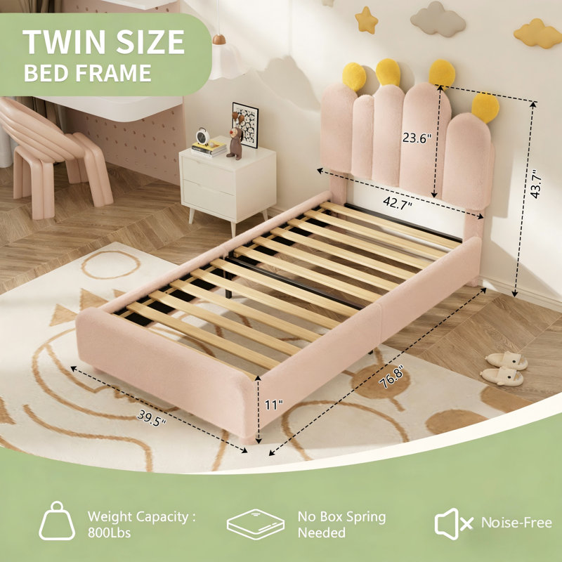 Cactus-Shaped Teddy Fleece Bed - Pom-Pom Headboard, Sturdy & Noise-Free, Easy Assembly, Twin, Pink