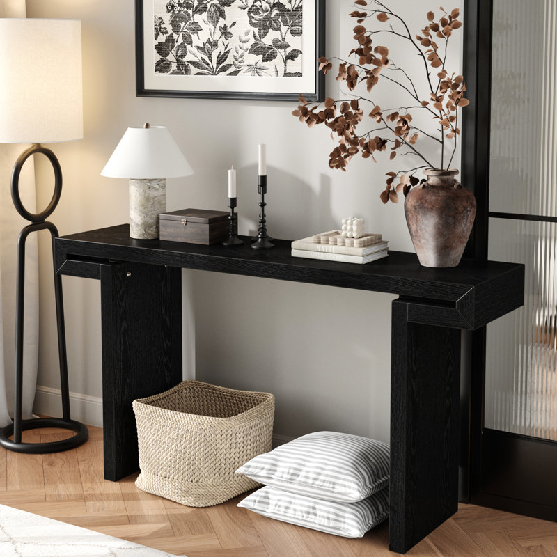 Table d'appoint de couloir noire patinée de 60 pouces, avec des détails et un design fonctionnel multi-espace de 59,85 pouces, parfait pour un décor d'inspiration rétro dans le salon
