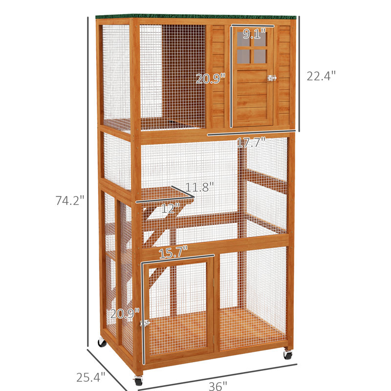 Maison de chat 74 po - Structure extérieure en bois avec roues pour grands chats, enclos orange