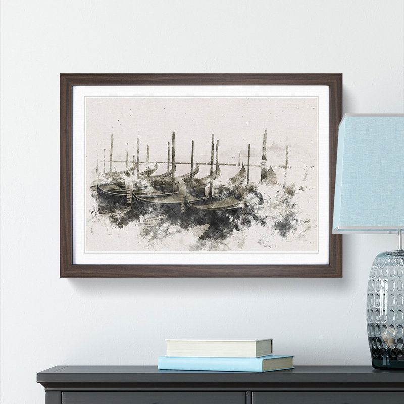 Docked Gondolas In Venice Italy - Picture Frame Painting, Walnut Framed, 36cm H x 48cm W x 2cm D