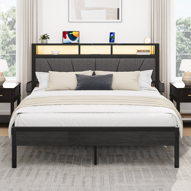 Queen Size Bed Frame With Upholstered Headboard, Platform Bed With Led Lights & Charging Station, Black, Queen