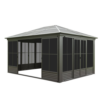 12x14FT Outdoor Sunroom Enclosed Gazebo with Lockable Door, Galvanized Steel Hardtop Screen House for Patio