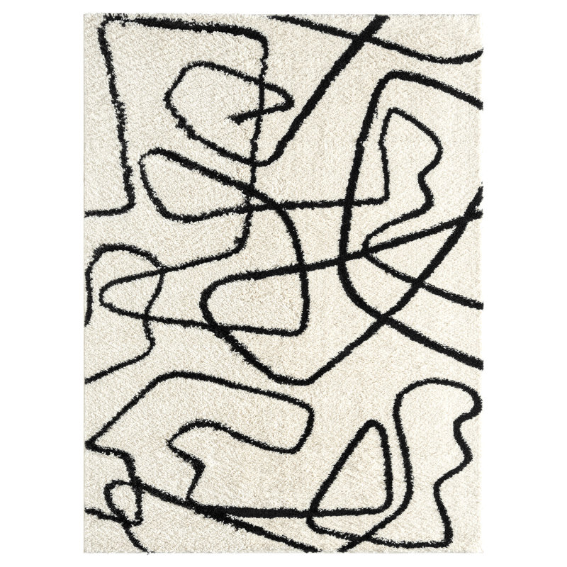Tapis abstrait ivoire et noir Kituku, Rectangle 6 pi x 9 pi