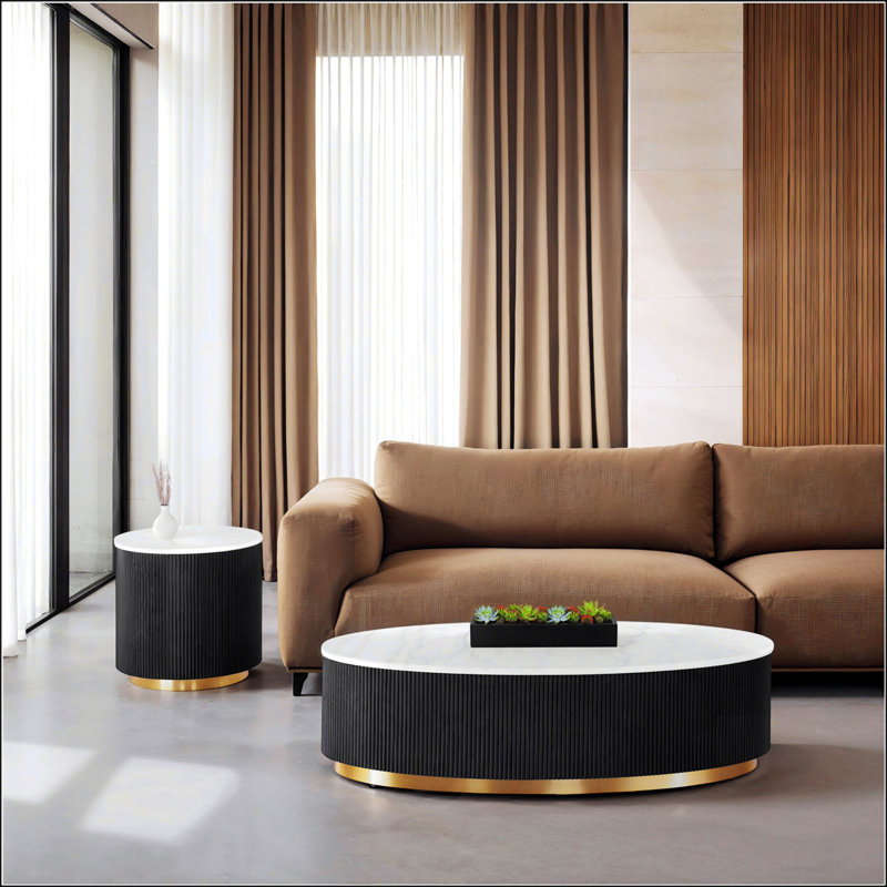Ensemble de table contemporain 3 pièces avec plateau en marbre, accents dorés et base en acier inoxydable pour un décor de salon élégant