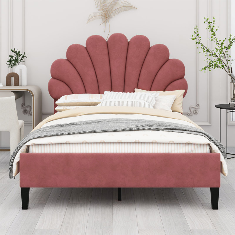 Upholstered Platform Bed With Flower Pattern Headboard