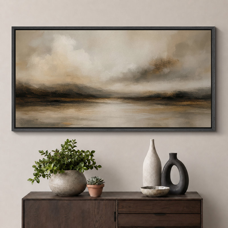 Grande impression sur toile encadrée, impression de paysage abstrait neutre pour décoration murale moderne minimaliste, Noir