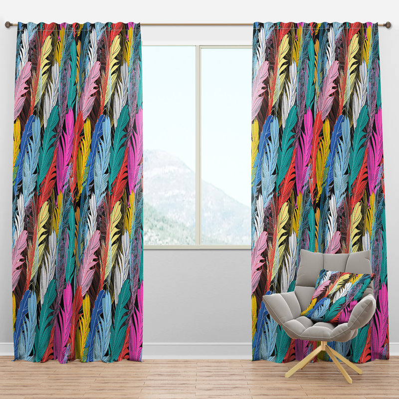 Plumes multicolores à motif graphique - rideau en velours bohémien - obscurcissant - 1 panneau, l 52 po x L 95 po