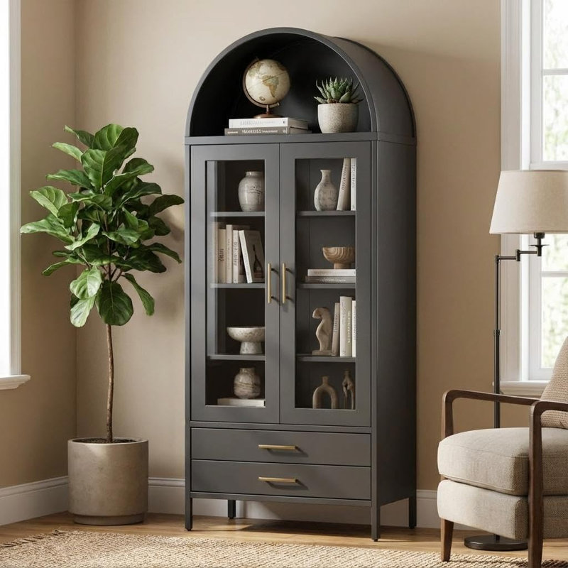 Armoire de cuisine de 55 po de hauteur avec porte vitrée arquée, 2 tiroirs et tablettes réglables, idéale pour le salon et la salle à manger