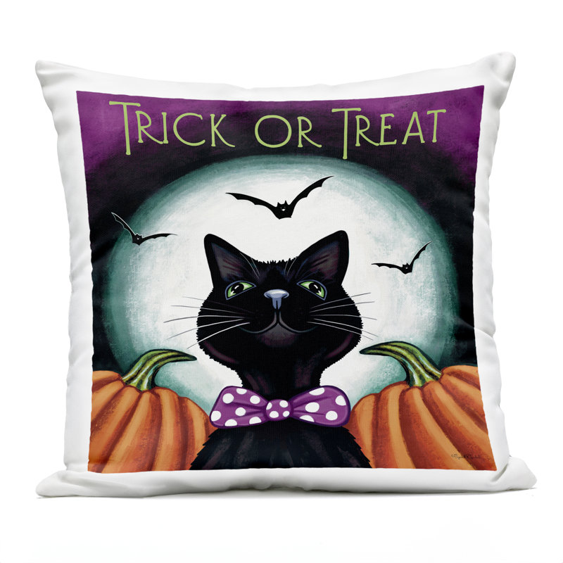 Trick Or Treat Cat Design by Elizabeth Tyndall Outdoor Printed Pillow