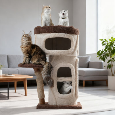 44" Modern Wooden Cat Tree for Indoor Cats, 4-Tier Cat Tower with 3 Cozy Condos, Natural Sisal Scratching Posts, Soft Plush Platforms, Stable Base, Wood Finish