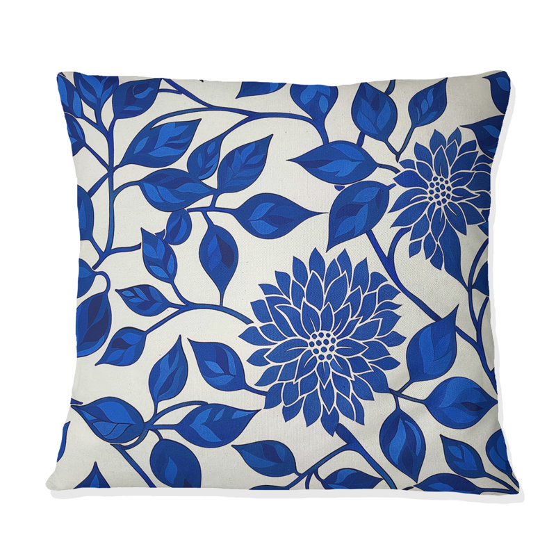 Cobalt Blue Floral Transitional II - Coussin décoratif transitionnel, H 18 po x l 18 po