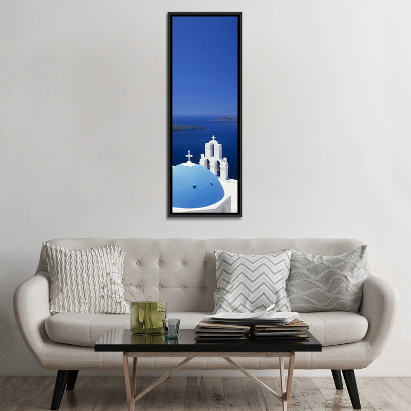 Reproduction sur toile tendue Firostfani Santorini, Cyclades, Grèce, H 60 po x l 20 po x P 1,5 po, Toile avec cadre noir