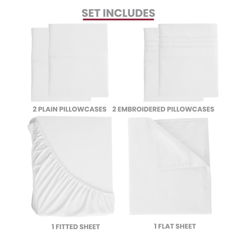 Ensemble de draps en microfibre 6 pièces Lux Decor, Ensemble de draps pour très grand lit californien, Blanc