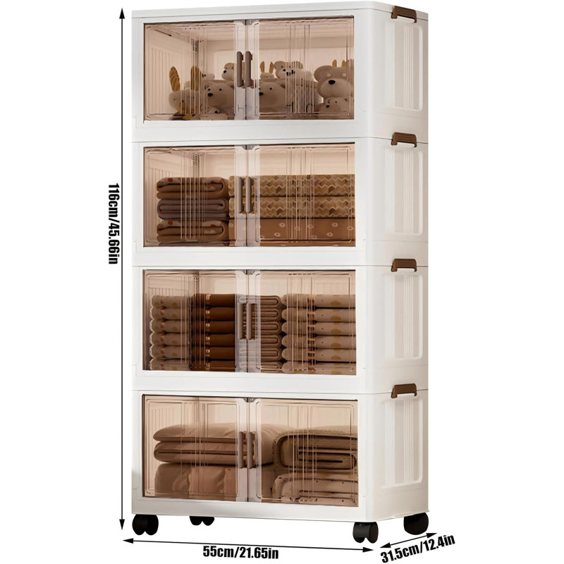 4 Tier Storage Drawers with Wheels, Collapsible Plastic Cabinet with Doors