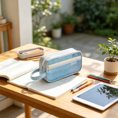 Pochette de rangement transparente pour fournitures scolaires, idéale pour l'organisation du bureau à l'école et au bureau.