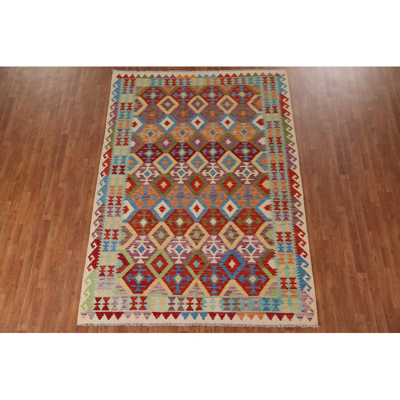 Tapis de salon multicolore en laine Kilim 7 x 9