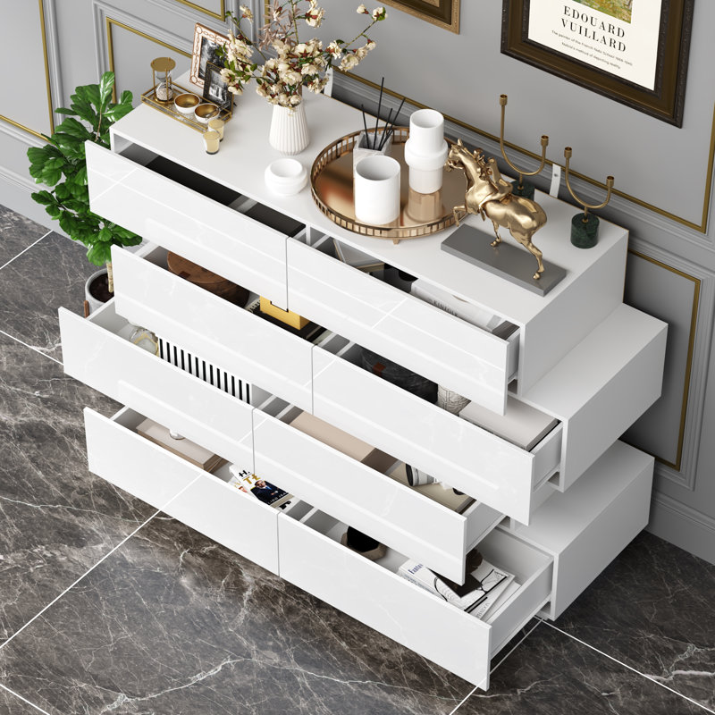 Commode double 8 tiroirs avec surface ultrabrillante, Blanc