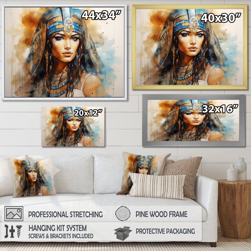 Or et bleu, égyptienne, pharaons, femme I - Égypte, art mural, H 12 po x l 20 po x P 1 po, Cadre de coin blanc fermé