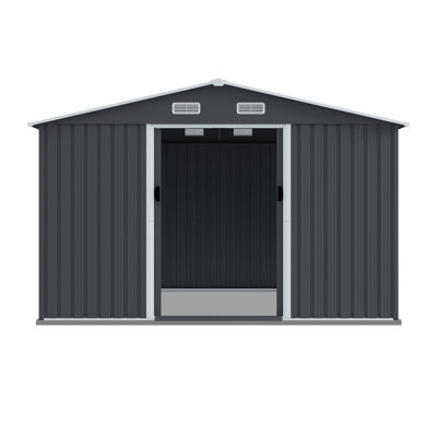 Remise de rangement extérieure en métal 8 x 10 pi avec portes coulissantes et évent pour jardin, patio, outils pour la pelouse, boîtes de jardin sur toit incliné gris 8 x 10, garde les vélos, outils