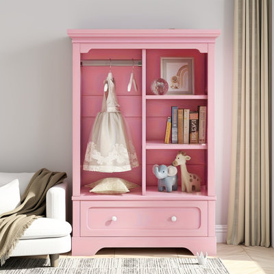 Garde-robe rose pour enfant à profil bas avec tringle, tablettes ouvertes et grand tiroir, garde-robe ouvert facile d'accès pour chambre d'enfant