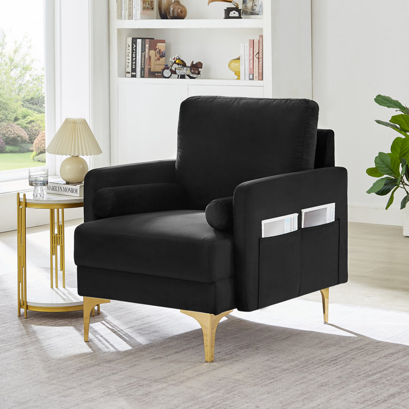 Fauteuil en velours avec 2 coussins Ronella, Velours noir