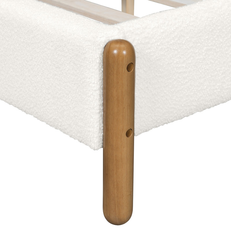 Premium King Boucle Upholstered Bed Frame with Thick Headboard & Wood Legs, White