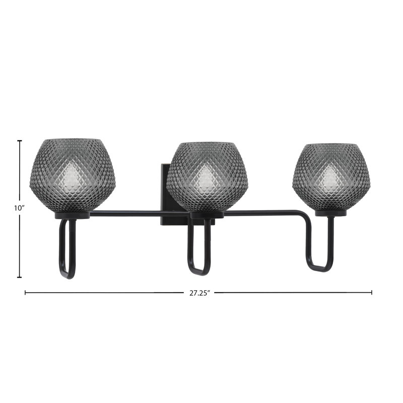 Barre d'éclairage de salle de bain 3 lumières Amarmula, finition noir mat, verre texturé fumée 6 ", Noir, Transparent/noir