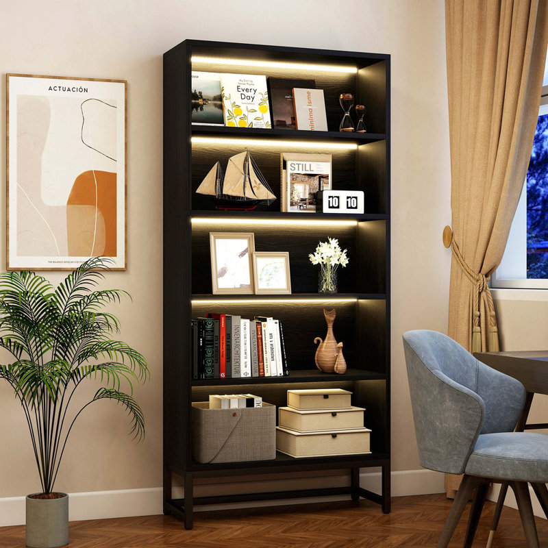 Tall Bookcase with Adjustable LED Lighting and Heavy Duty Storage, Black
