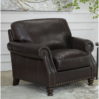Ellard Genuine Leather Rolled Arm Accent Chair by Lark Manor