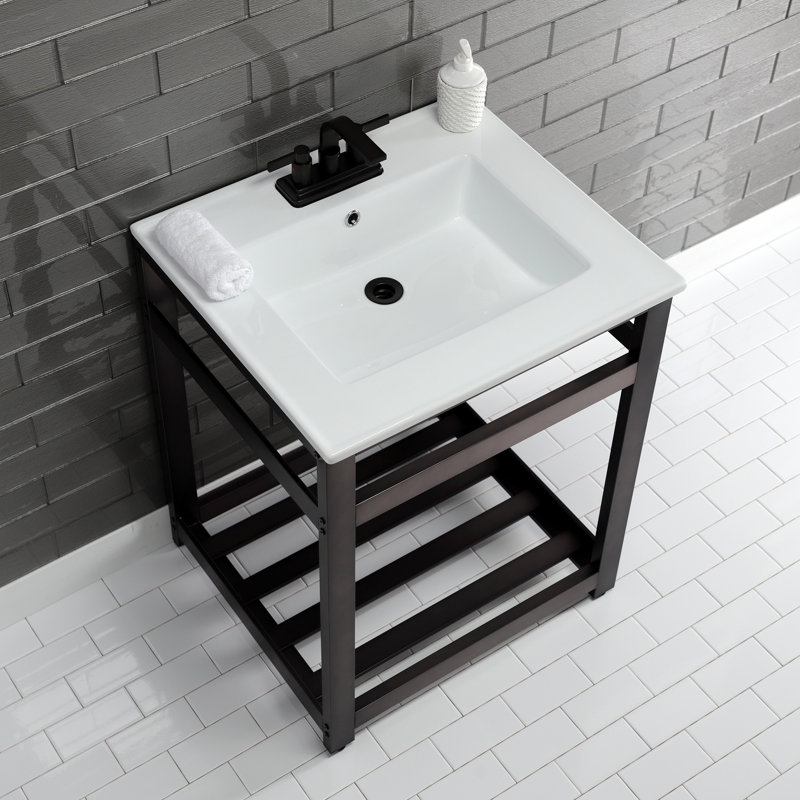 Lavabo de salle de bain console en céramique avec trop-plein, Blanc / bronze huilé, 4" Centres