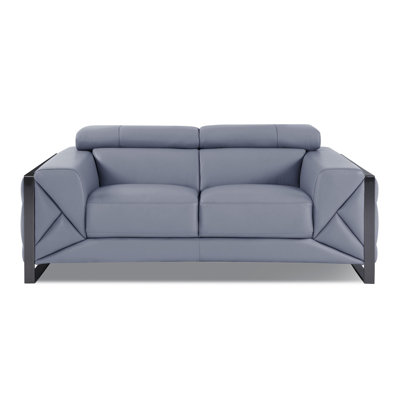Light Blue Genuine Leather Loveseat with Adjustable Headrests