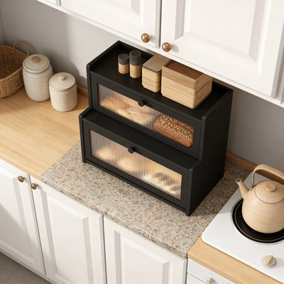 Double Layer Bread Box With Frosted Glass, Large Capacity Countertop Storage Organizer For Bread, Fruits, And Kitchen Essentials