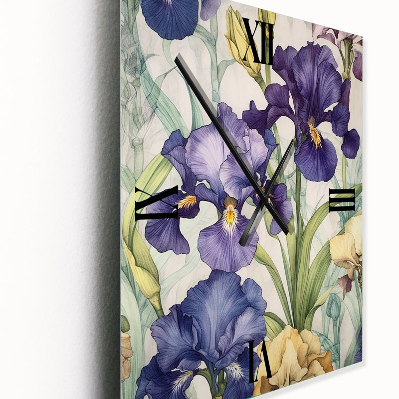 Horloge murale florale mauve et verte d'Iris II, Petit