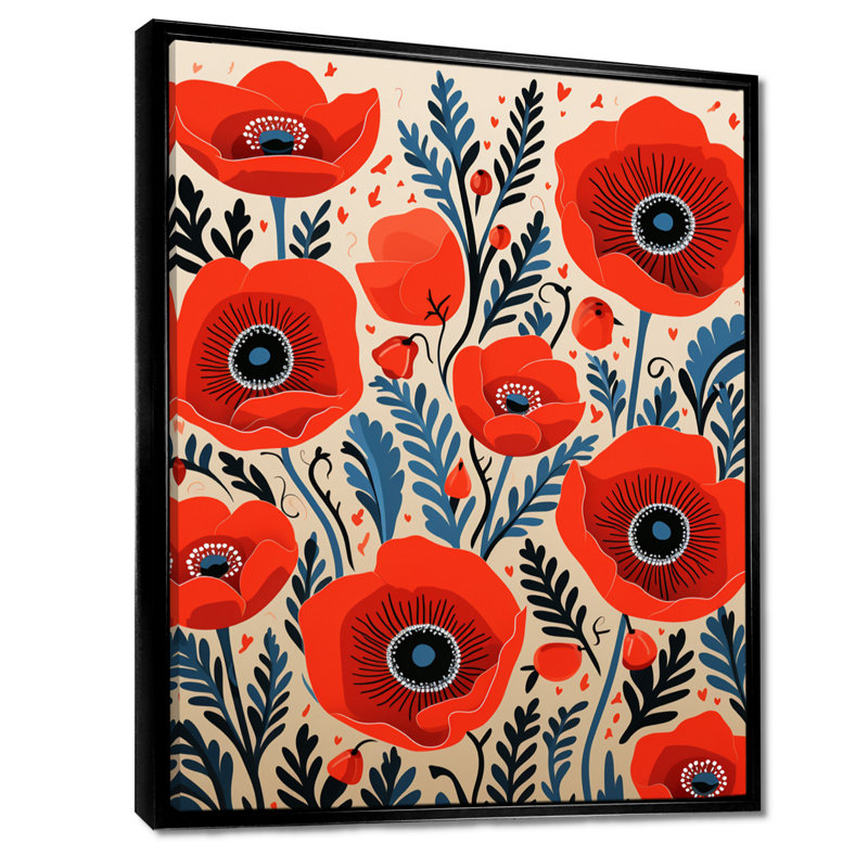 Blooming Poppies - Illustration rétro - coquelicot, Cadre flottant noir, bois massif, H 44 po x l 34 po