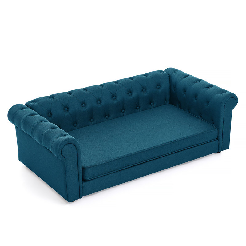 Élégant lit pour animaux de compagnie rectangulaire pour chiens grands et surdimensionnés, canapé-lit surélevé durable, canapé pour chien confortable, canapé pour chien en tissu de lin moderne et tendance - Bleu foncé