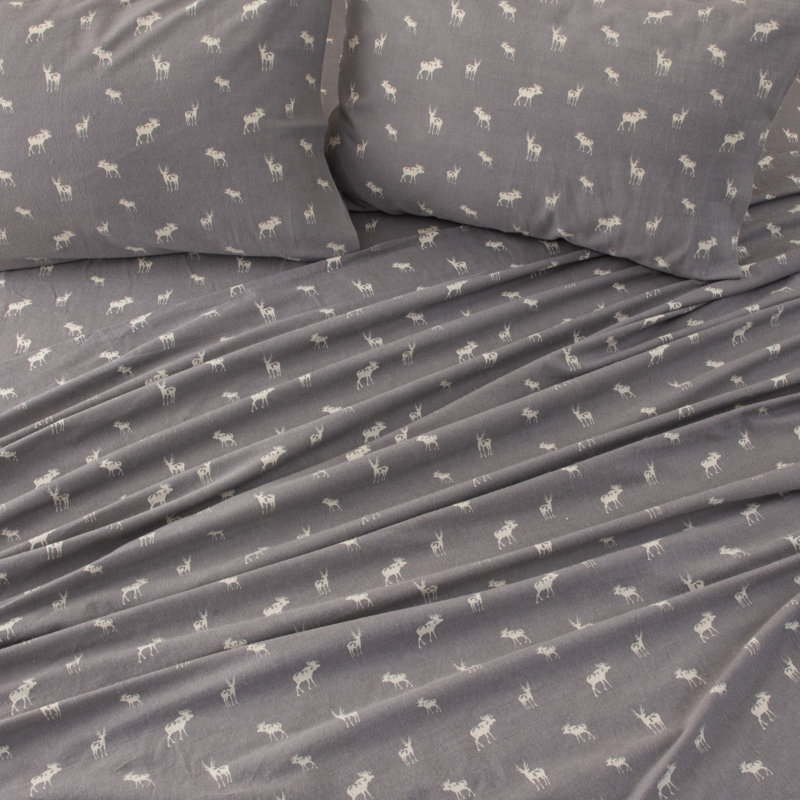 Full Size Gray Cotton Flannel Sheet Set with Deer and Trees Print