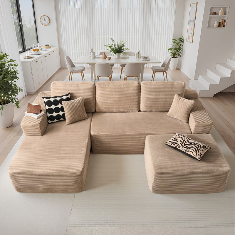 Canapé modulaire en forme de L de 106 po avec repose-pieds Seren Boneless, Velours côtelé beige