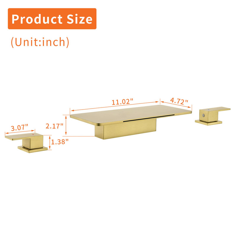 3 Hole Deck Mount Tub Faucet Waterfall Bathtub Faucet Brass 2 Handle Tub Fillers With Valve, Brushed Gold
