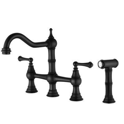 Bridge Dual Handles Kitchen Faucet In Matte Black, With Pull-Out Side Spray, Brass, Rust, , 360-Degree Rotating Coherent Nozzle Faucet, Black Flowing