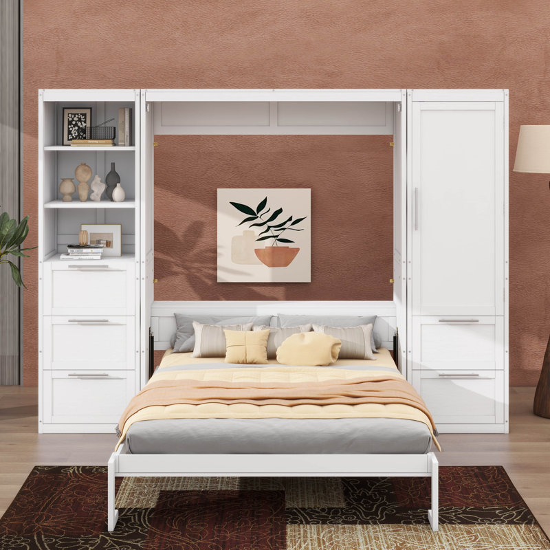 Grand lit escamotable mural intégré avec espace de rangement pour garde-robe, Blanc