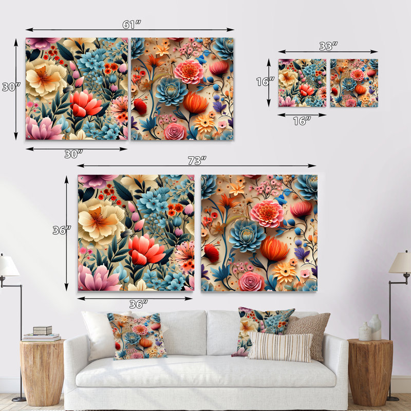 Motif botanique pastel arc-en-ciel - ensemble de 2 peintures murales abstraites en acrylique, H 36 po x l 73 po