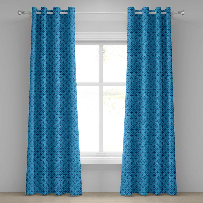 East Urban Home Fleur De Lis Grommet Curtain 2-Panel Window Drapes, 50"x120", Blue Dark Blue, 50" W x 108" L