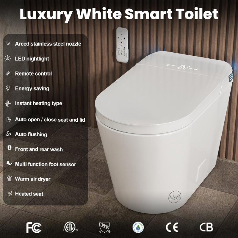 Breezebath ADA Smart Toilet with Built-In Tank, 1.06 GPF Auto Flush, Auto Open/Close Lid, Heated Bidet Seat, Warm Water Wash & Dryer, Remote Control