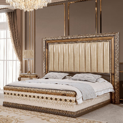 Marbled Ivory Hand Carved Bed with Gold Headboard